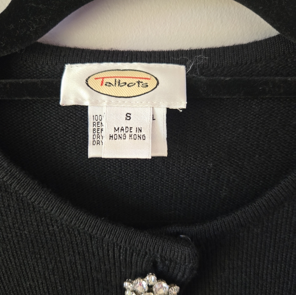 Talbots Black 100% Merino Wool Cardigan with Rhinestone Crystal Buttons - S - Picture 4 of 7